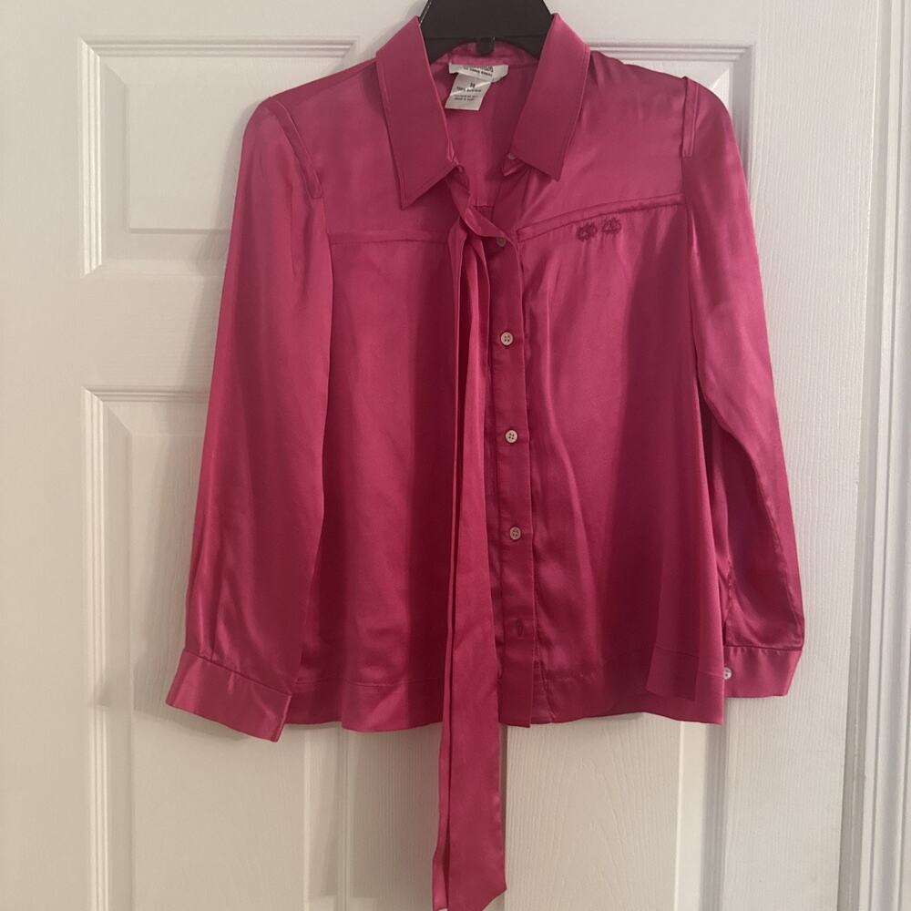 SONIA BY SONIA RYKIEL WOMEN'S BLOUSE SILK PINK BUTTON UP COLLAR NECK TIE Sz 36